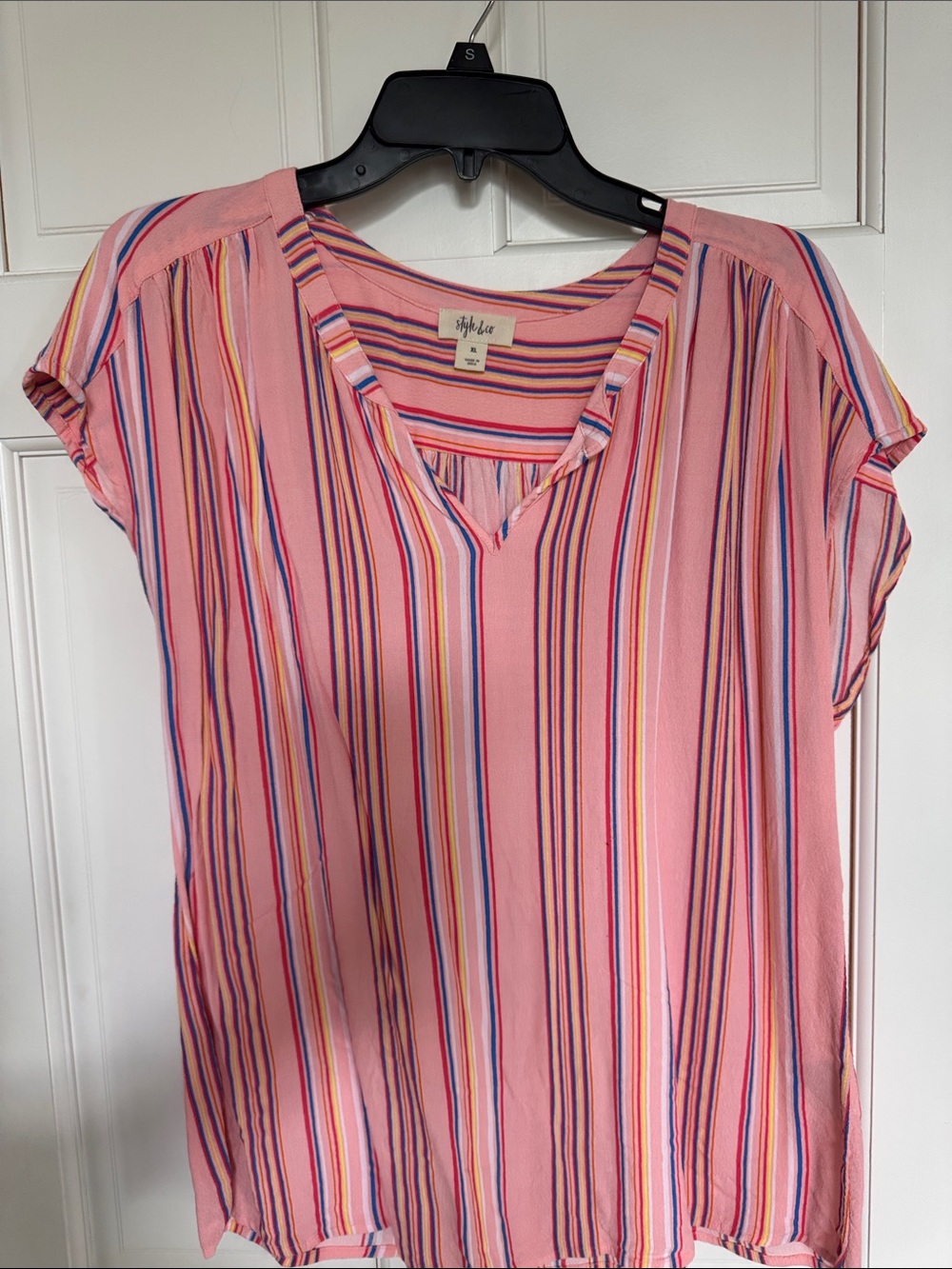 Style & Co. Pink Vertical Stripe V-Neck Cap Sleeve Blouse
